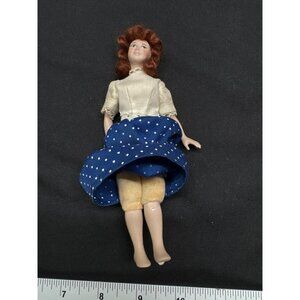 Vintage Porcelain Doll With Red Hair & Polka Dot Skirt